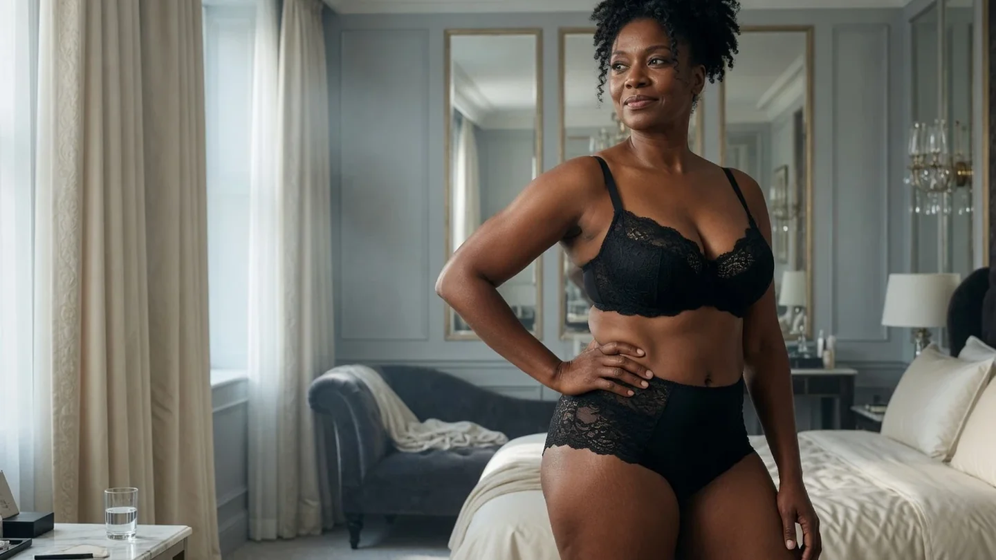 Adult woman aged 40 wearing elegant black lingerie in a premium editorial interior